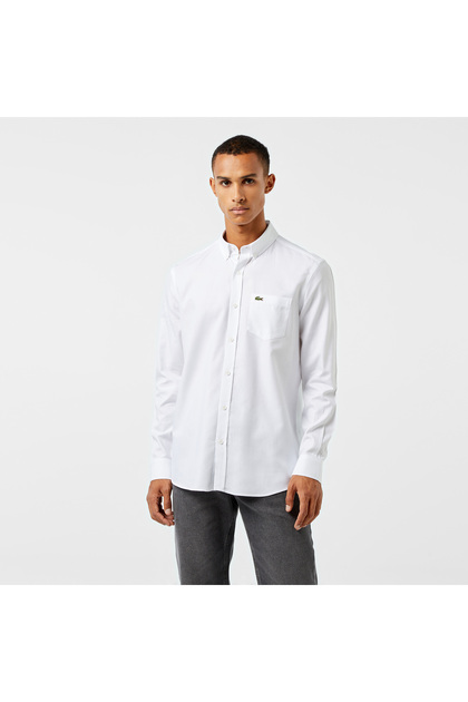 Erkek Slim Fit Düğmeli Yaka Beyaz Gömlek