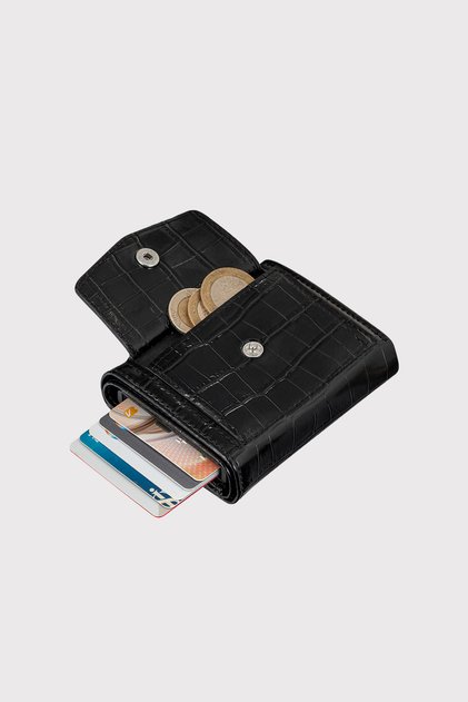 Croco Black Men's Wallet with Malta Mechanism and Coin Compartment