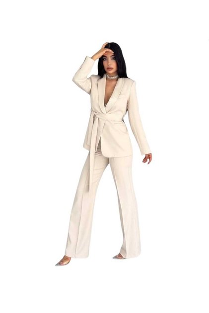Kadın Takım Elbise, Kemerli Şal Yaka Blazer Ceket Boru Paça Esnek Pantolon