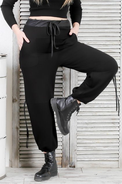 Black Double Pocket Leather Garnished Elastic and Tied Waist Jogger Leg Casual Knitted Trousers