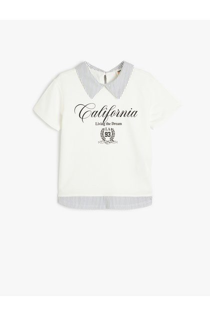 Shirt Collar T-Shirt Slogan Printed Double Fabric Detailed Cotton