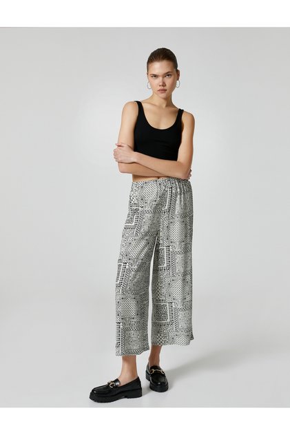 Wide Leg Relaxed Fit Trousers Geometric Patterned Elastic Waist Viscose Fabric Blended