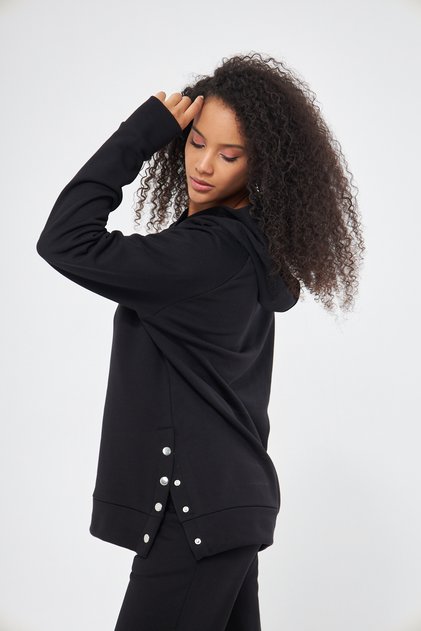 Black Color Slit Detailed Sweatshirt with Snap Fasteners and Hood, Three Thread Cotton