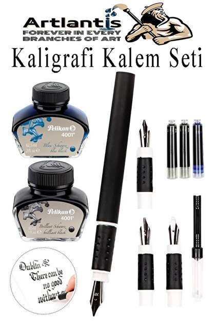 Calligraphy Fountain Pen Set of 4 in 1 Pack Blue and Black Refill Ink Line Writing Design Art Pen
