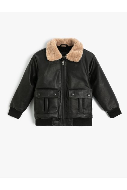 Leather-Look Jacket with Plush Collar and Pocket Detail, Zippered