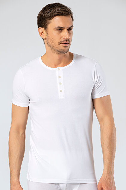 1308 Men's Crew Neck Buttoned Short Sleeve Undershirt