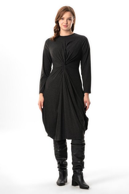 Long Sleeve Athena Knot Detailed Autumn and Winter Midi Length Authentic Combed Cotton Viscose Dress Gray Gray