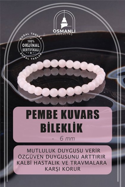 Sertifikalı Pembe Kuvars Doğal Taş Bileklik 6 Mm - B840