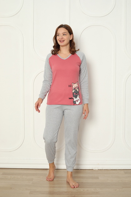 Fwn 04-3024 Interlock Fabric Winter Home Women's Pajama Set with Minnoş Cat