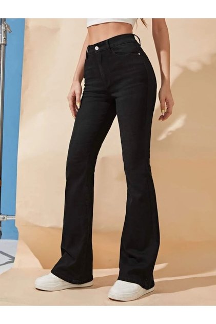 Bt11128793 Non-Fading Black Denim High Waist Stretch Fabric Flared Jeans Pants