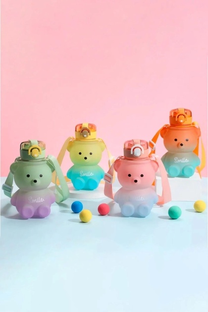 Cute Teddy Bear Water Bottle with Straw and Lid, Smile Design, Leakproof, Durable, BPA-Free, School Kids Water Bottle