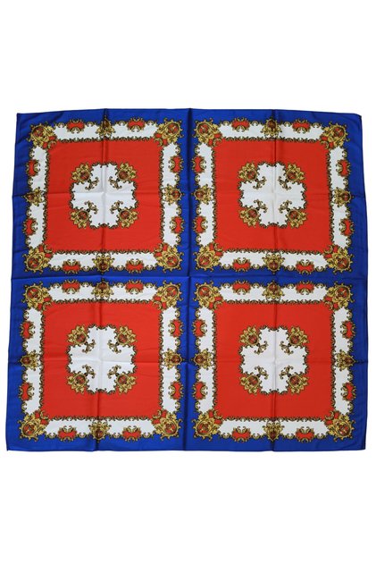 Ethnic Floral Patterned Satin Navy Blue Scarf - 90X90