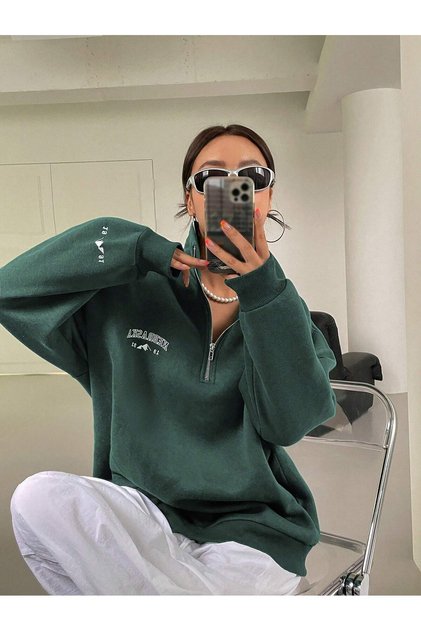 Nebraska 1991 Yarım Fermuarlı Sweatshirt - Nefti Yeşil Baskılı Oversize Dik Yaka