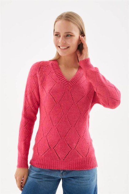 V-Neck Openwork Sweater Fuchsia