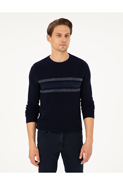Navy Blue Slim Fit Crew Neck Sweater Sweater 50296875-Vr033