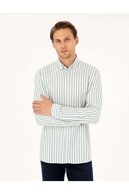 Green Regular Fit Striped Long Sleeve Shirt 50295253-Vr054