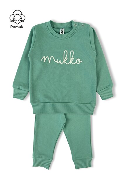 Mukko Embroidery Design Seasonal Green Unisex Baby Boy Girl Top and Bottom Set