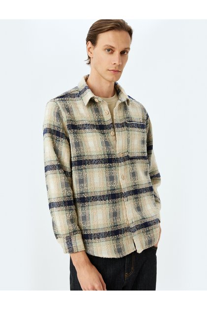 Long Sleeve Cotton Blended Pocket Detailed Plaid Print Shirt Jacket
