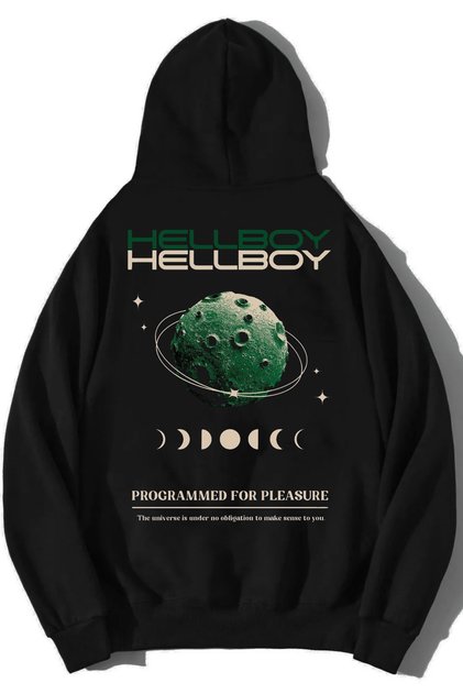 Hanorac negru unisex cu glugă, cu imprimeu HELBOY pe spate