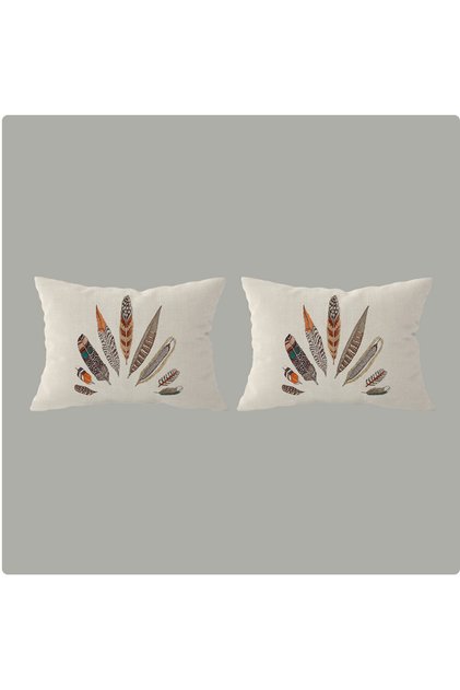 Luck Feather Patterned Beige Floor Decorative Gift Velvet 2-Piece Pillow Cushion Cover Set 32X52