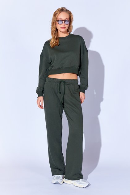 Khaki Loose Cut Luxury Thick Three Thread Soft Textured Women's Trousers Ek 100689375
