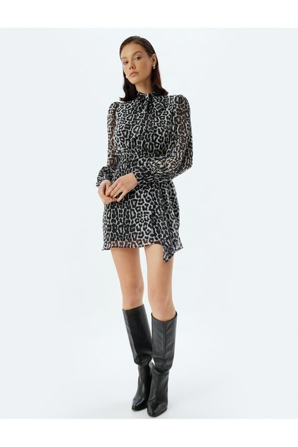 Leopard Patterned Dress Chiffon Mini Length Long Sleeve Scarf Collar