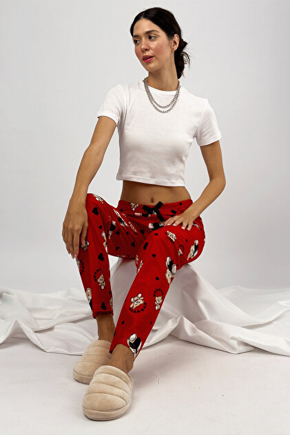 Red Teddy Bear Women's Soft Textured Pajama Bottoms Cotton