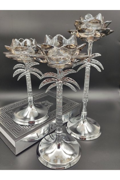 lüx palmiye şamdan set krom renk 35cm/30cm/25cm