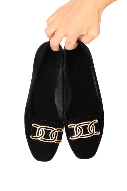 Women's Black Buckle Detailed Ballerina Flats Lightweight Comfortable Sole Casual Shoes