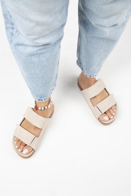 Vina Women's Genuine Leather Velcro Beige Slippers
