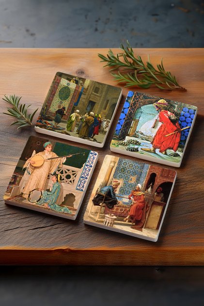 Turtle Trainer, Chess Game, Two Musician Girls, Goreme Carpet Merchant Stone Coaster Set