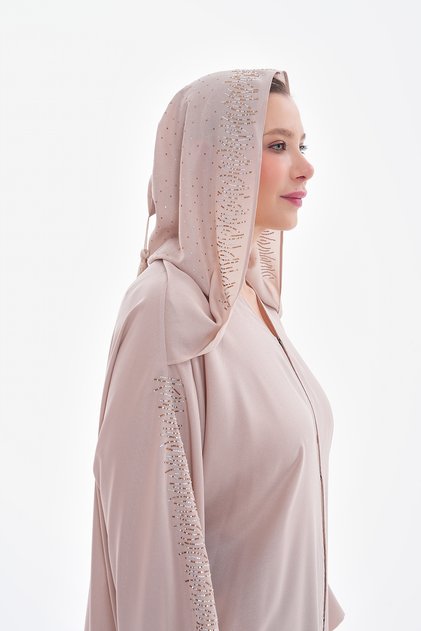 Hijap Powder Color Hooded Shimmering Fabric Stone Detailed Hidden Snap Fastener Abaya Ferace Standard 38-44
