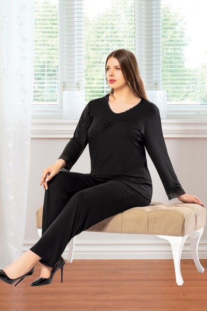 Stone Detailed Oversize Pajamas Set Black 8808