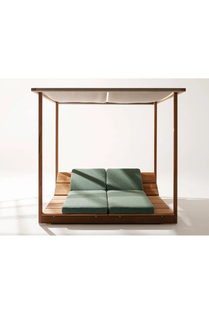 Uctos Ahşap Dekoratif Şezlong Dış Mekan Perdeli Havuz Başı Çatılı Daybed Şezlong Modern Bahçe Yatağı