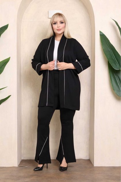 Women's Large Size Black Steel Fabric Piping Detailed Cardigan Trousers Set 65N38349