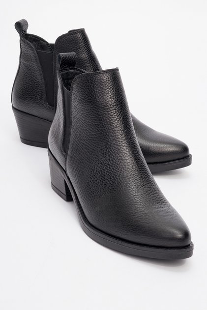Dovena Black Floater Genuine Leather Elastic Women's Heeled Boots