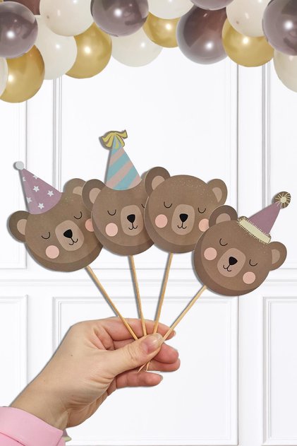 Ayıcık Tema Kürdan Süsleri Cupcake Süsleri Retro Ayı Konsept Lüks Büyük Boy 10lu Paket