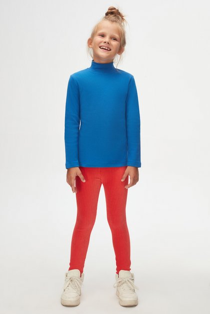 Cobalt Blue Colorful Basic Girl's T-shirt - Half Turtleneck, Long Sleeve