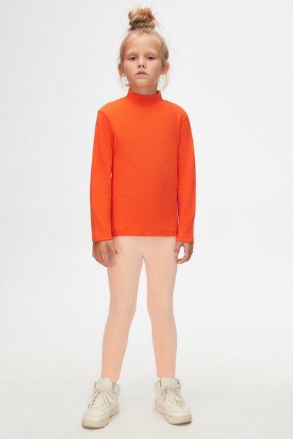 Orange Basic Winter Half Turtleneck Long Sleeve Girls' T-Shirt