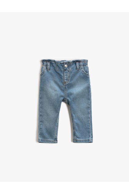 Straight Leg Jeans Trousers with Elastic Waist, Pockets, Buttons