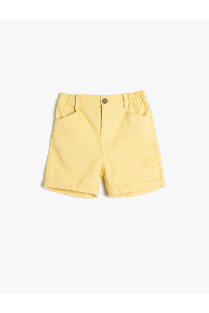 Shorts with Pockets, Elastic Waist, Cotton, Turned-Up Legs