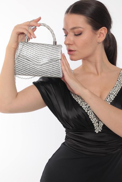 Silver Color Full Stone Chain Strap Stylish New Season Women's Evening Dress Porfolio Wedding Clutch Bag