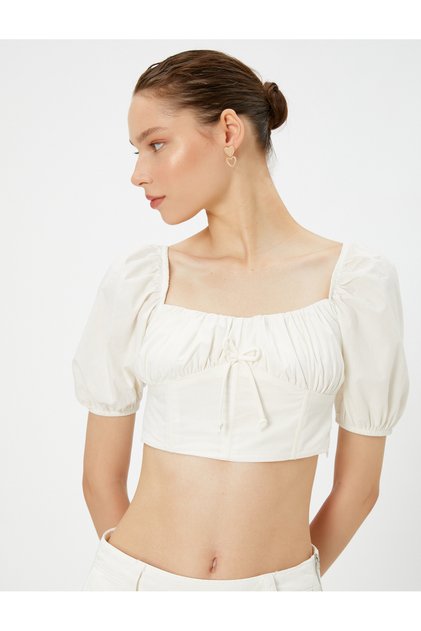 Balloon Sleeve Crop Blouse Drawstring Front Tie Square Neck Cotton