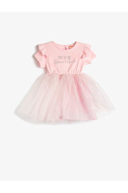 Party Dress with Tutu Skirt, Ruffled Short Sleeves, Cotton, Embroidery Detail