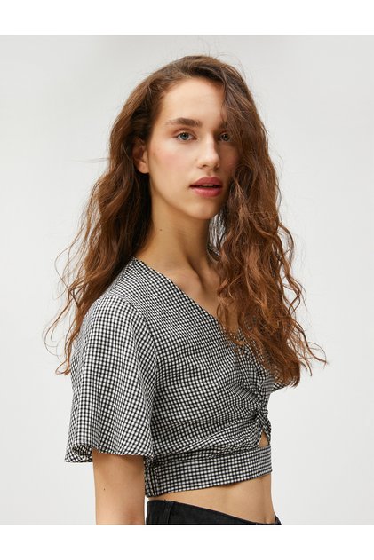 Crop Blouse V Neck Window Detailed V Neck