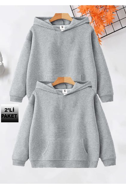 Baskısız İçi Polarlı 2'Li Paket Unisex Gri Kapüşonlu Çocuk Okul Sweatshirt