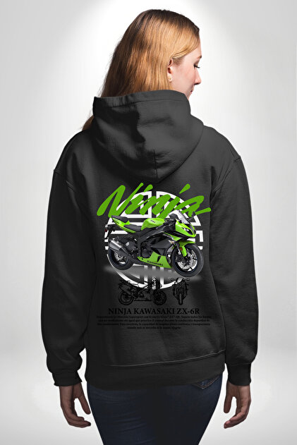 Angemiel Kawasaki Ninja ZX-6R Siyah Kapüşonlu Cep Sırt Baskılı