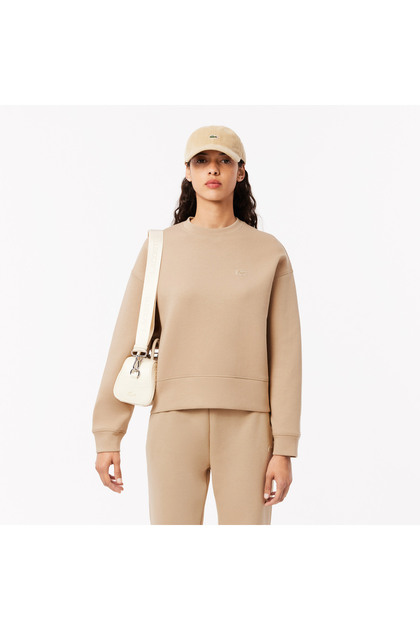 Kadın Oversize Fit Bisiklet Yaka Bej Sweatshirt