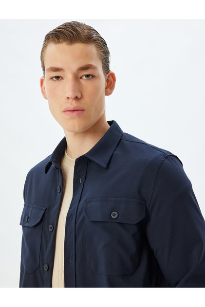 Long Sleeve Shirt with Flap Pocket Detail Viscose Blend Regular Fit