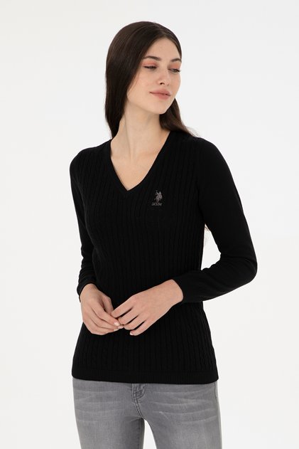 Women's Black Basic V-Neck Sweater 50289486-Vr046